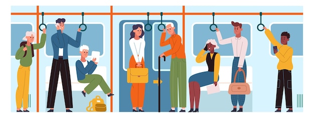 Passeggeri della metropolitana del trasporto pubblico nel treno della metropolitana passeggeri del trasporto urbano all'interno del set di illustrazioni vettoriali del treno della metropolitana trasporto pubblico urbano giovani e anziani