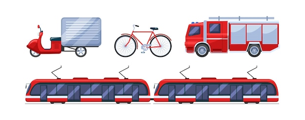 Vector public transportable vehicle cars transport scooter motorcycle bicycle tram fireengine car