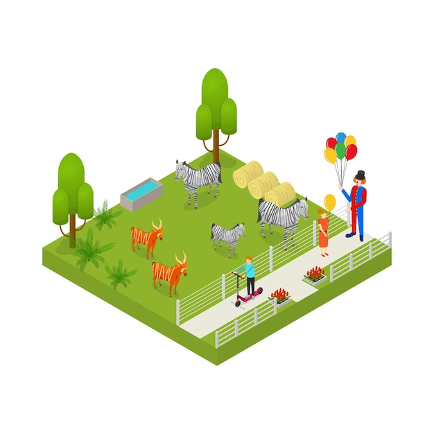 Public Zoo Concept 3d Isometric View Zebra at Zoological Garden Vector illustration