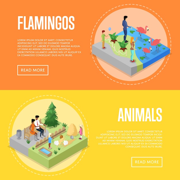 Vector public zoo isometric 3d posters set