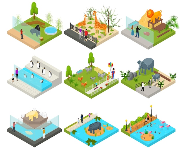 Vector public zoo set concept 3d isometric view vector