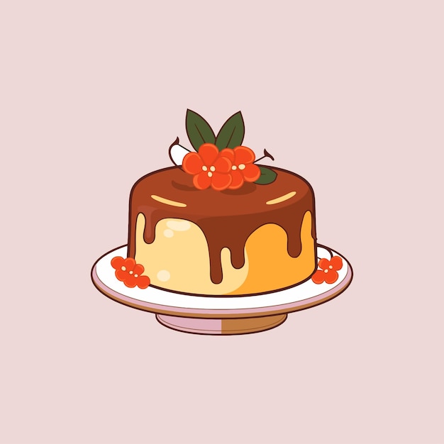 A pudding cake with flower on top Vector illustration in simple flat style on pastel background