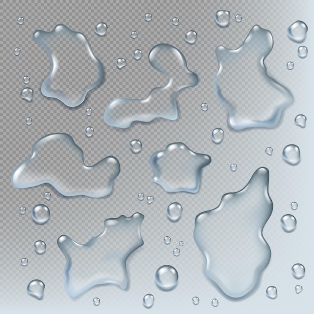 Puddles realistic. top view liquid drops and puddle splashes wet environment illustrations set. surface liquid view, transparent wet smooth