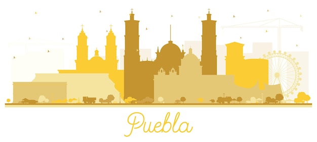 Puebla mexico city skyline silhouette with golden buildings isolated on white