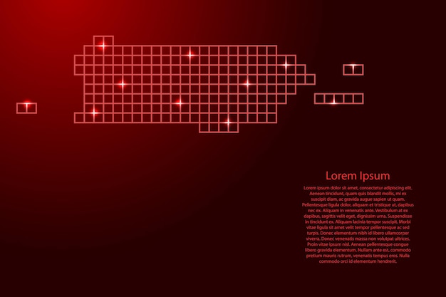 Puerto rico kaart silhouet van rode mozaïek structuur pleinen en gloeiende sterren. vector illustratie.