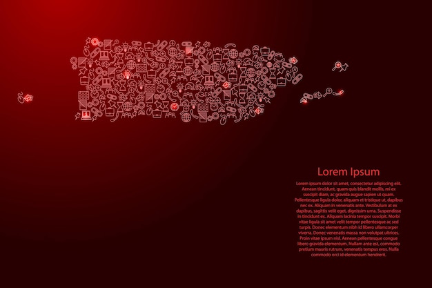 Mappa di porto rico da stelle rosse e luminose set di icone di pattern di analisi seo concetto o sviluppo, business. illustrazione vettoriale.