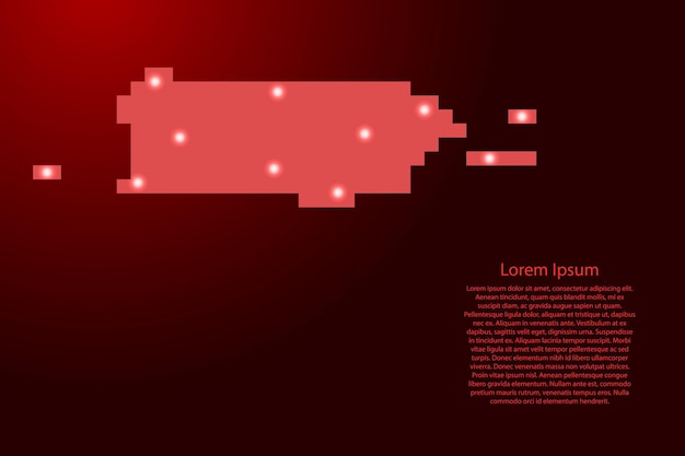 Вектор Силуэт карты пуэрто-рико из красных квадратных пикселей и светящихся звезд. векторная иллюстрация.