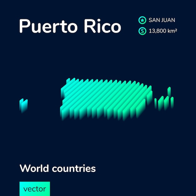 Puerto Rico map. Stylized isometric neon striped map is in green colors on the dark blue background