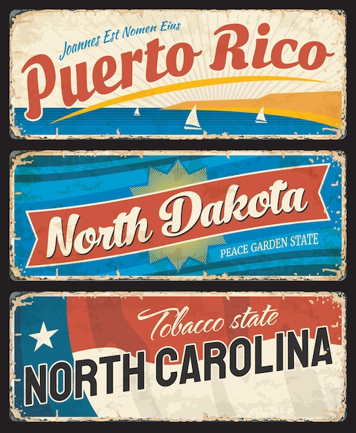 Vettore porto rico, north dakota e north carolina dichiarano lastre di metallo