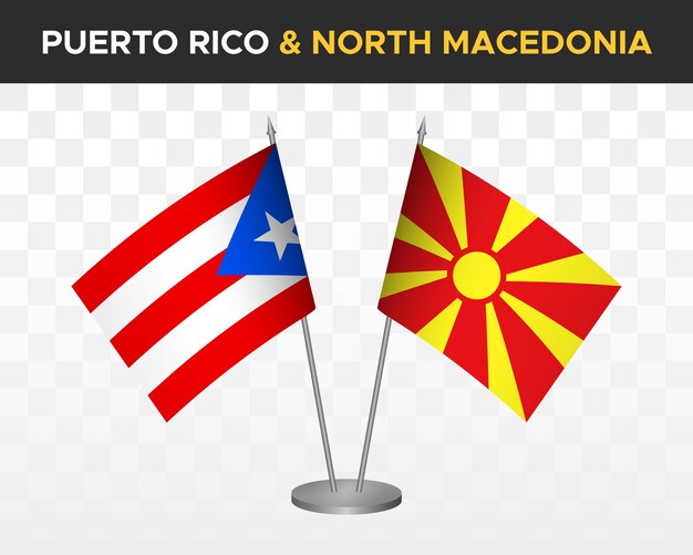 Puerto Rico versus Noord-Macedonië bureauvlaggen mockup geïsoleerde 3D-vector illustratie tafelvlaggen