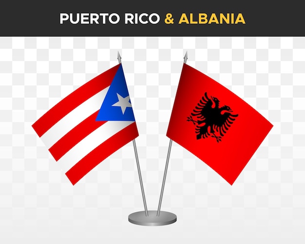 Puerto Rico vs Albanië bureau vlaggen mockup geïsoleerde 3D-vector illustratie tafelvlaggen