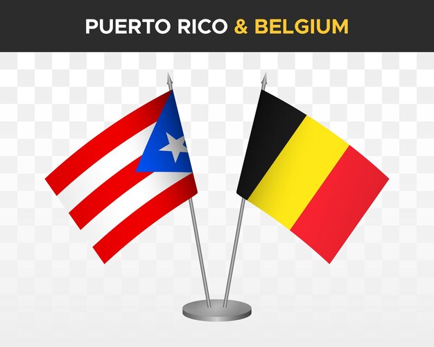 Puerto Rico vs België bureau vlaggen mockup geïsoleerde 3D-vector illustratie tafelvlaggen