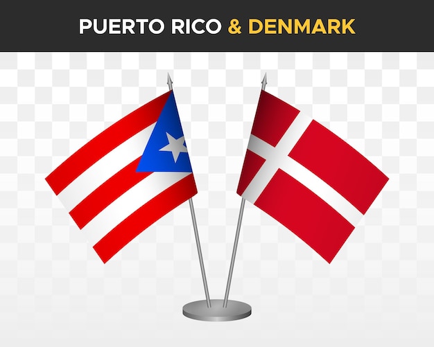 Mockup di bandiere da scrivania di puerto rico vs danimarca isolate bandiere da tavolo con illustrazione vettoriale 3d