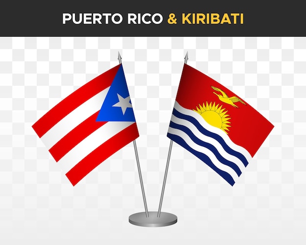 Mockup di bandiere da scrivania di puerto rico vs kiribati isolato bandiere da tavolo con illustrazione vettoriale 3d