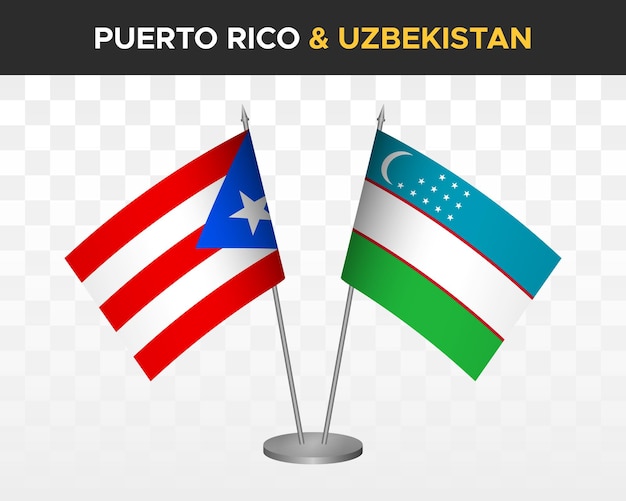 Puerto Rico vs Oezbekistan bureau vlaggen mockup geïsoleerde 3D-vector illustratie tafelvlaggen