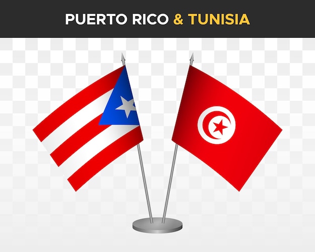 Mockup di bandiere da scrivania porto rico vs tunisia isolate bandiere da tavolo con illustrazione vettoriale 3d