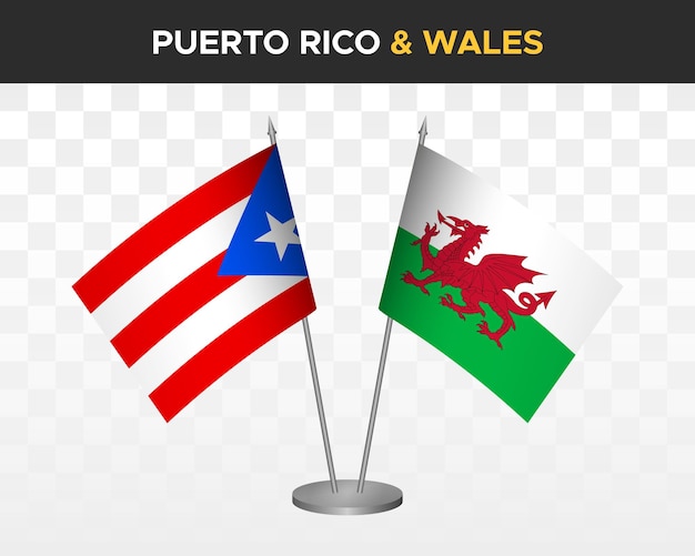 Puerto Rico vs Wales bureau vlaggen mockup geïsoleerde 3D-vector illustratie tafelvlaggen