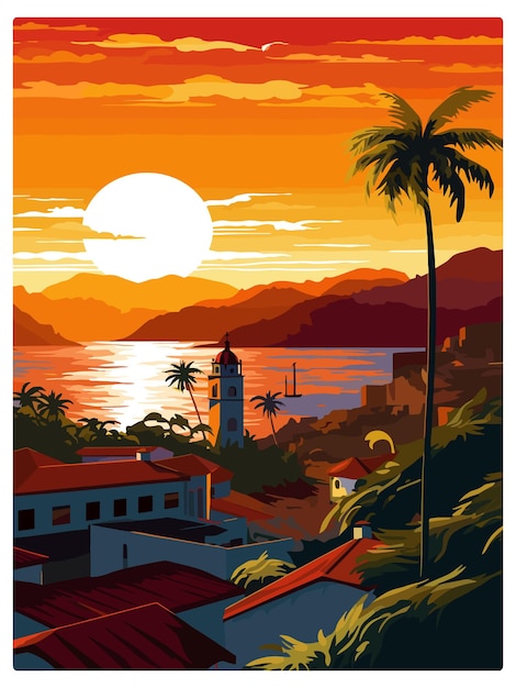 Vector puerto vallarta mexico vintage reisposter souvenir postkaart portret schilderij wpa illustratie