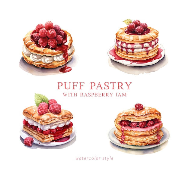 Vector puff pastry with raspberry in watercolor style