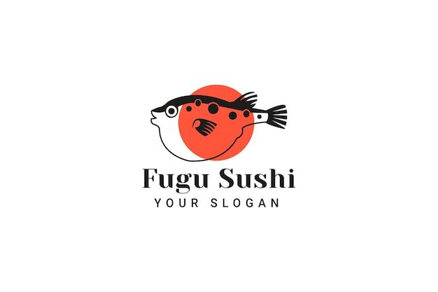 Логотип рыбы фугу японская еда. шаблон логотипа fugu sushi. логотип иглобрюха