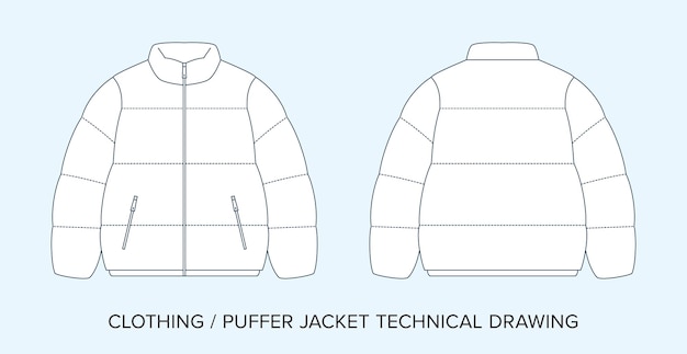 ファッションデザイナーのためのパッファージャケットテクニカル・ドローイング・アパレル・ブループリント