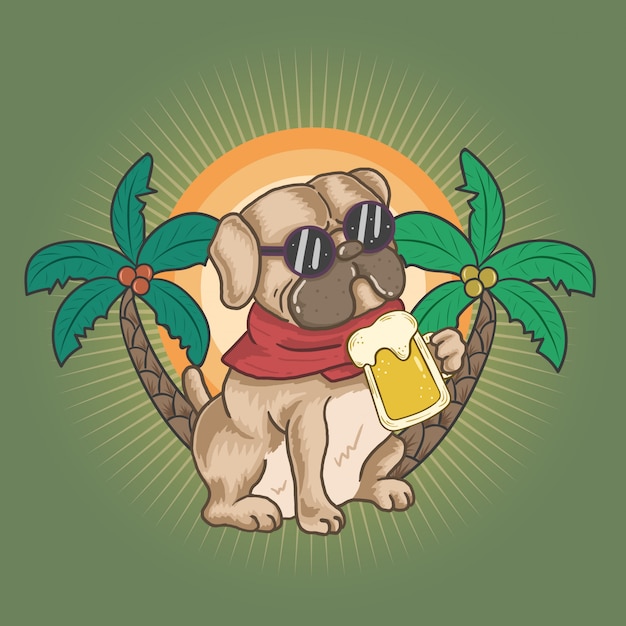 Pug and beer on summer