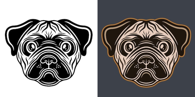 Pug testa di cane vettore due stili illustrazione nero su bianco e colorato su sfondo scuro