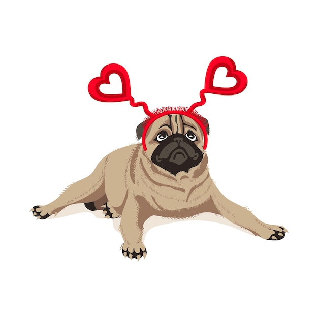 Vector pug dog in headband heart shaped ears