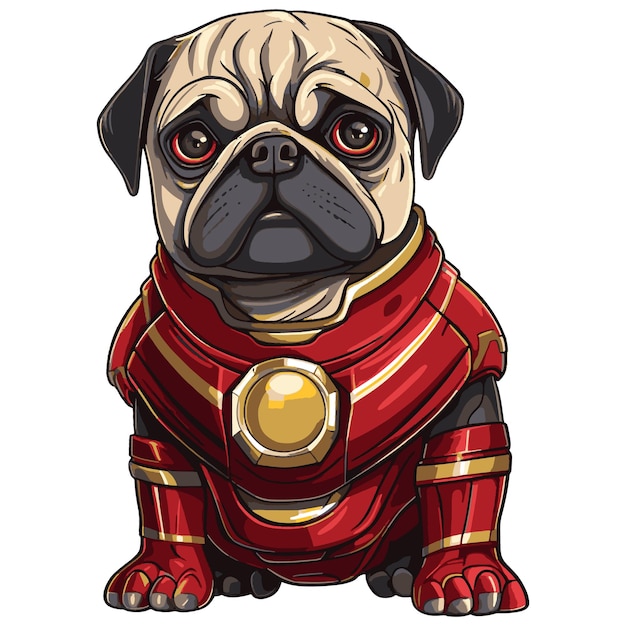 Pug dog held in ijzeren superheld kostuum vectorillustratie