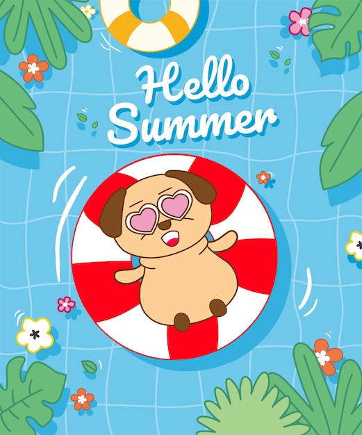 Мопс собака привет лето баннер. синяя тема с мопсом, листьями, цветами, красным и белым плавательным кольцом.