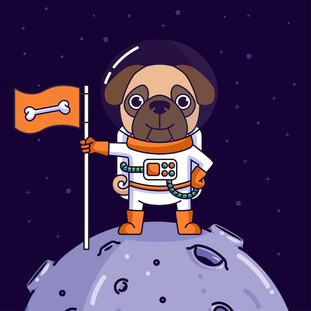 Vettore pug dog landing sulla luna