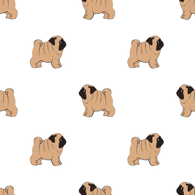 Pug dog naadloze patroon geïsoleerd op een witte achtergrond cartoon vlakke stijl vector patroon ontwerp