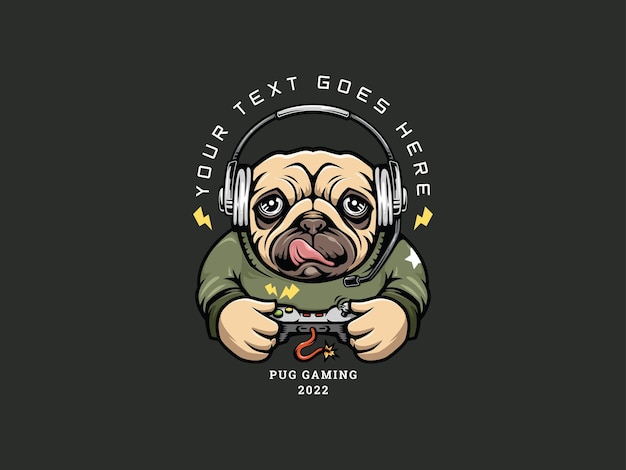 Pug Dog speel het spel. Sjabloon voor gaming-logo