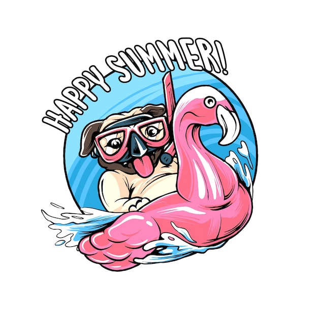 Pug Dog Summer Chill Holiday 서핑과 수영 프리미엄 벡터