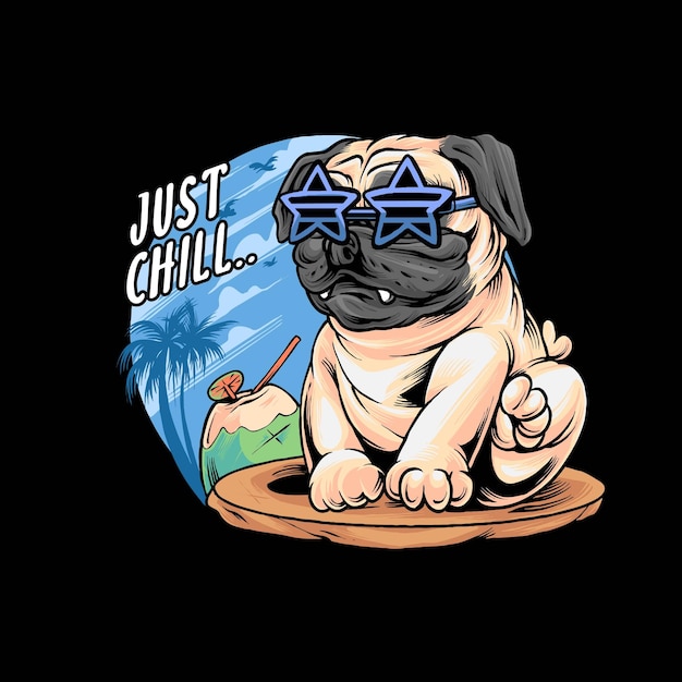 벡터 pug dog summer chill holiday 서핑과 수영 프리미엄 벡터