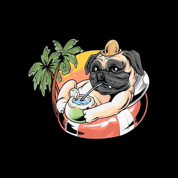 벡터 pug dog summer chill holiday 서핑과 수영 프리미엄 벡터