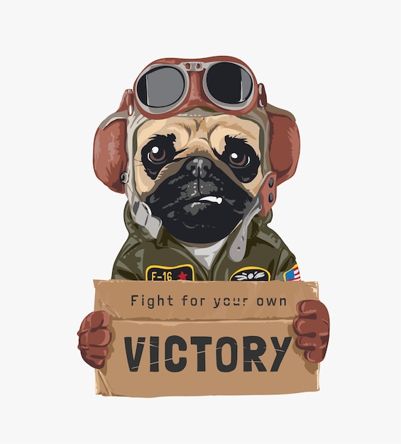 Pug dog vlieger met overwinning kartonnen illustratie