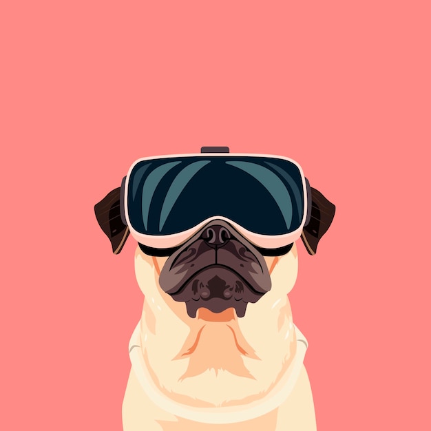 Vector pug dog in vr glasses solid pink background