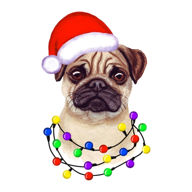 Vettore pug dog con le luci di natale nel cappello di babbo natale. illustrazione sveglia del cucciolo di natale.