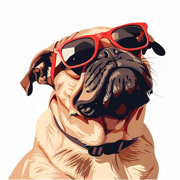 Pug dog with red sunglasses isolated on white background Vector illustration