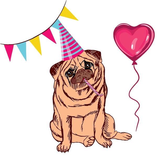 Pug in un berretto festivo sullo sfondo di bandiere e mongolfiera illustrazione vettoriale sul tema buon compleanno biglietti d'auguri striscioni per le vacanze