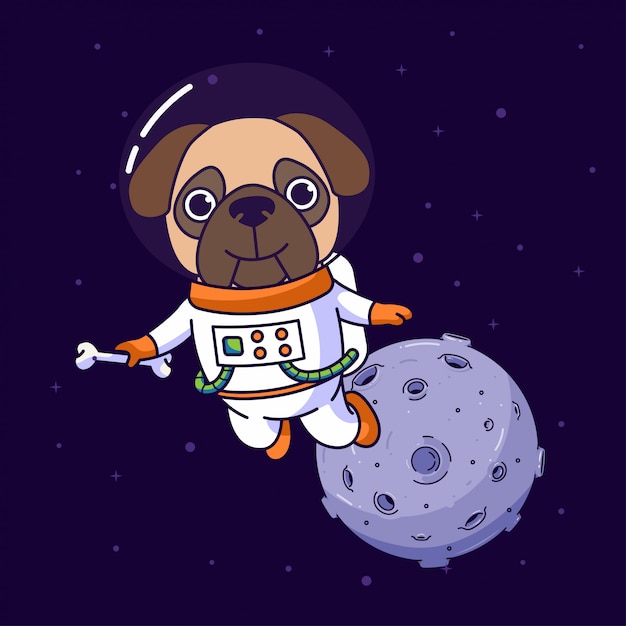 Pug hond die in de ruimte vliegt