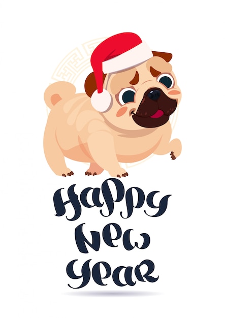 Pug hond in kerstmanhoed op gelukkige de vakantiea banner van de nieuwjaargroetkaart