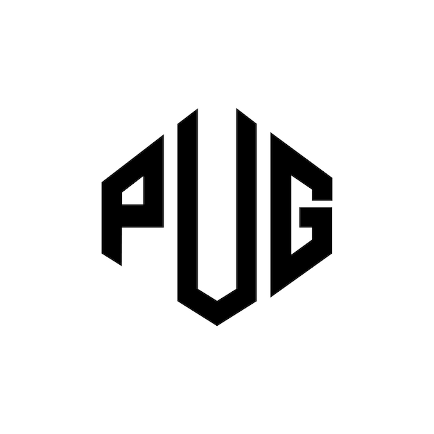 Vettore design del logo a lettere pug con forma di poligono pug poligono e forma di cubo design del logo pug esagono vettoriale modello del logo colori bianco e nero pug monogramma business e logo immobiliare