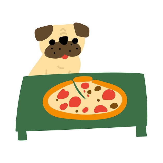 Pug looking at the pizza lying on table. Stealing food. Hand drawn vector illustration