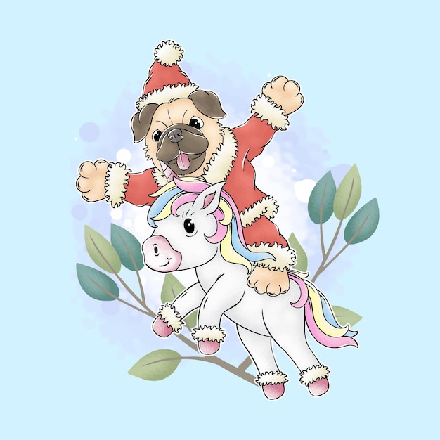 Vector pug puppy hond kerst aquarel vector kerstman en eenhoorn