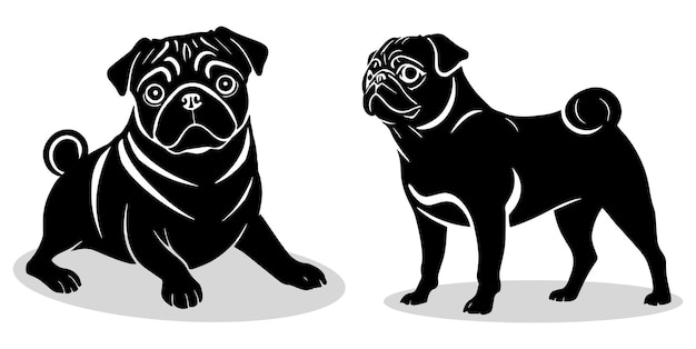 Pug silhouetten en iconen Zwarte platte kleur witte achtergrond hond dier vector en illustratie