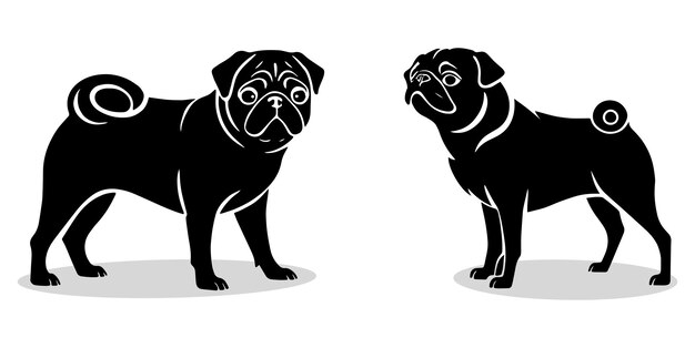 Pug silhouettes and icons Black flat color white background dog animal vector and illustration