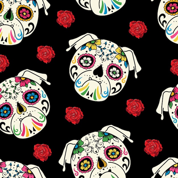 Pug sugar skull day of the dead dia de los muertos seamless pattern