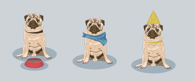 Vector pug wearing different outfits set